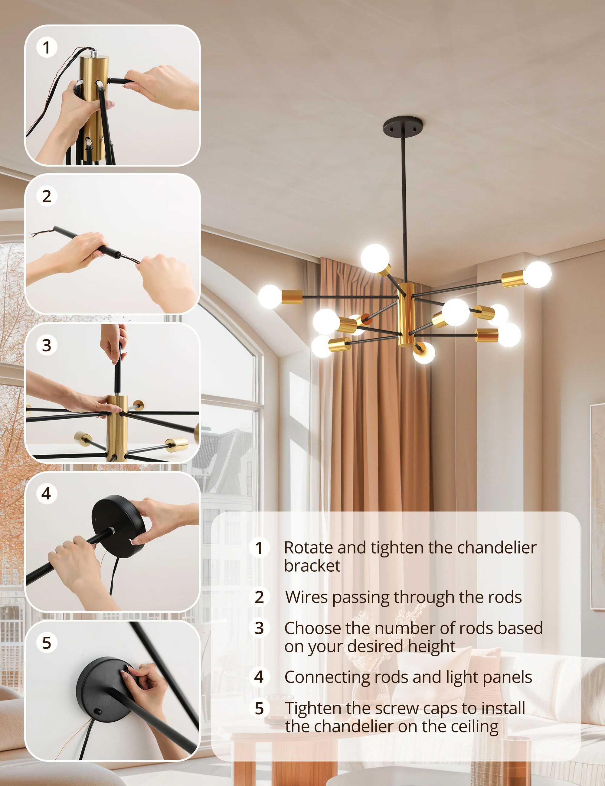 TaoTronics NB-CL010 10-Lights Modern Hanging Chandelier Lighting Plug-in Pendant Ceiling Light Fixtures - Image 3