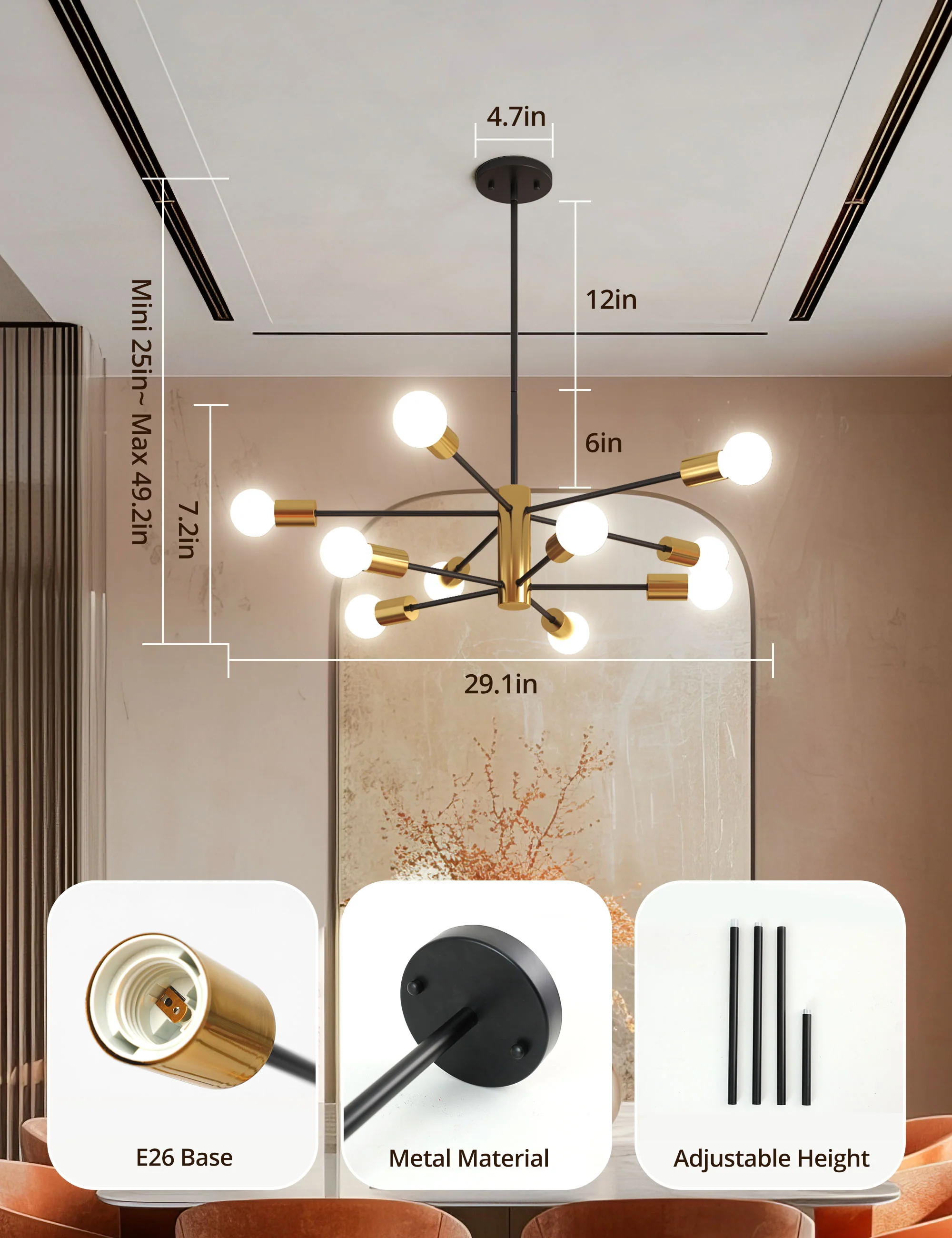 TaoTronics NB-CL010 10-Lights Modern Hanging Chandelier Lighting Plug-in Pendant Ceiling Light Fixtures - Image 4