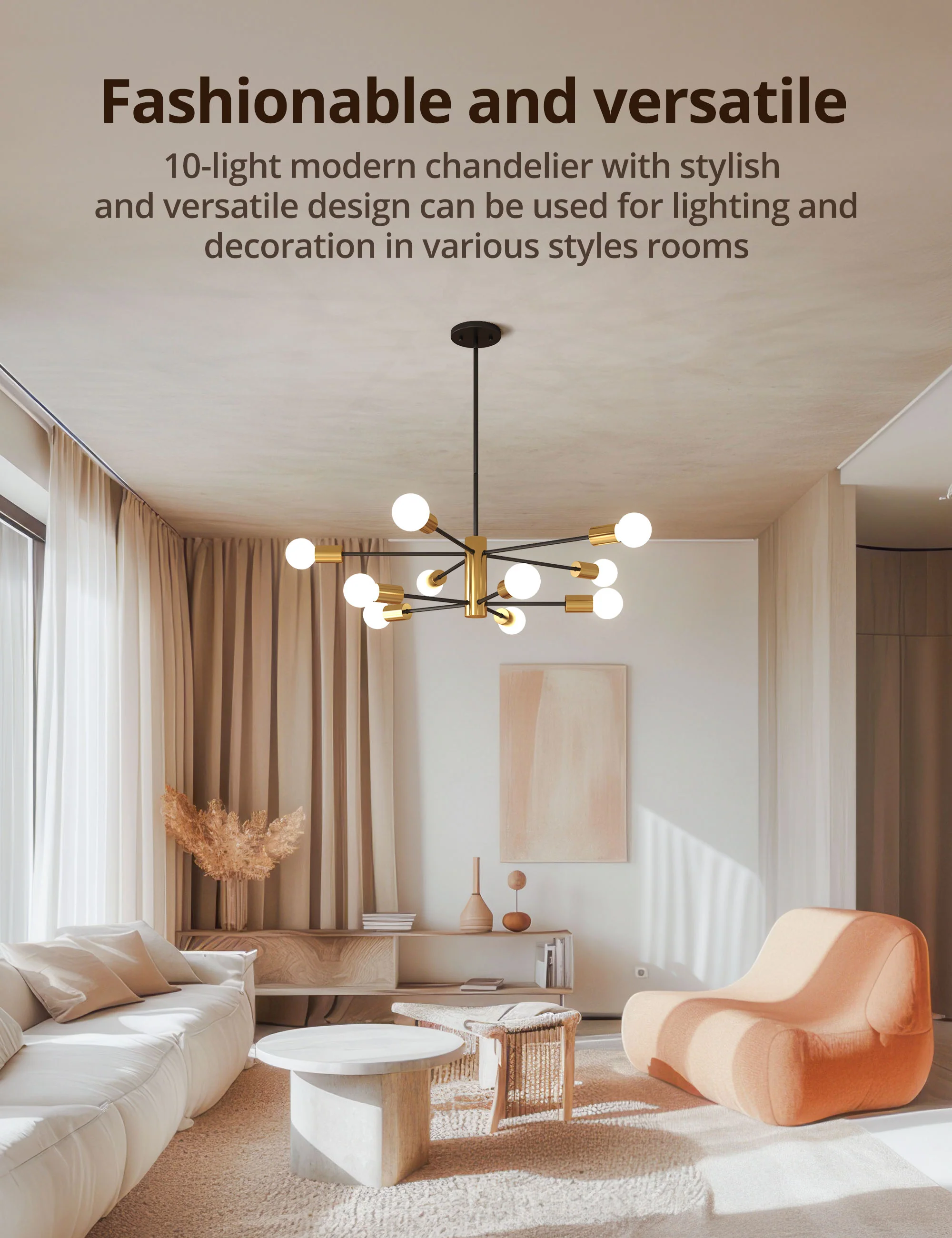 TaoTronics NB-CL010 10-Lights Modern Hanging Chandelier Lighting Plug-in Pendant Ceiling Light Fixtures - Image 8