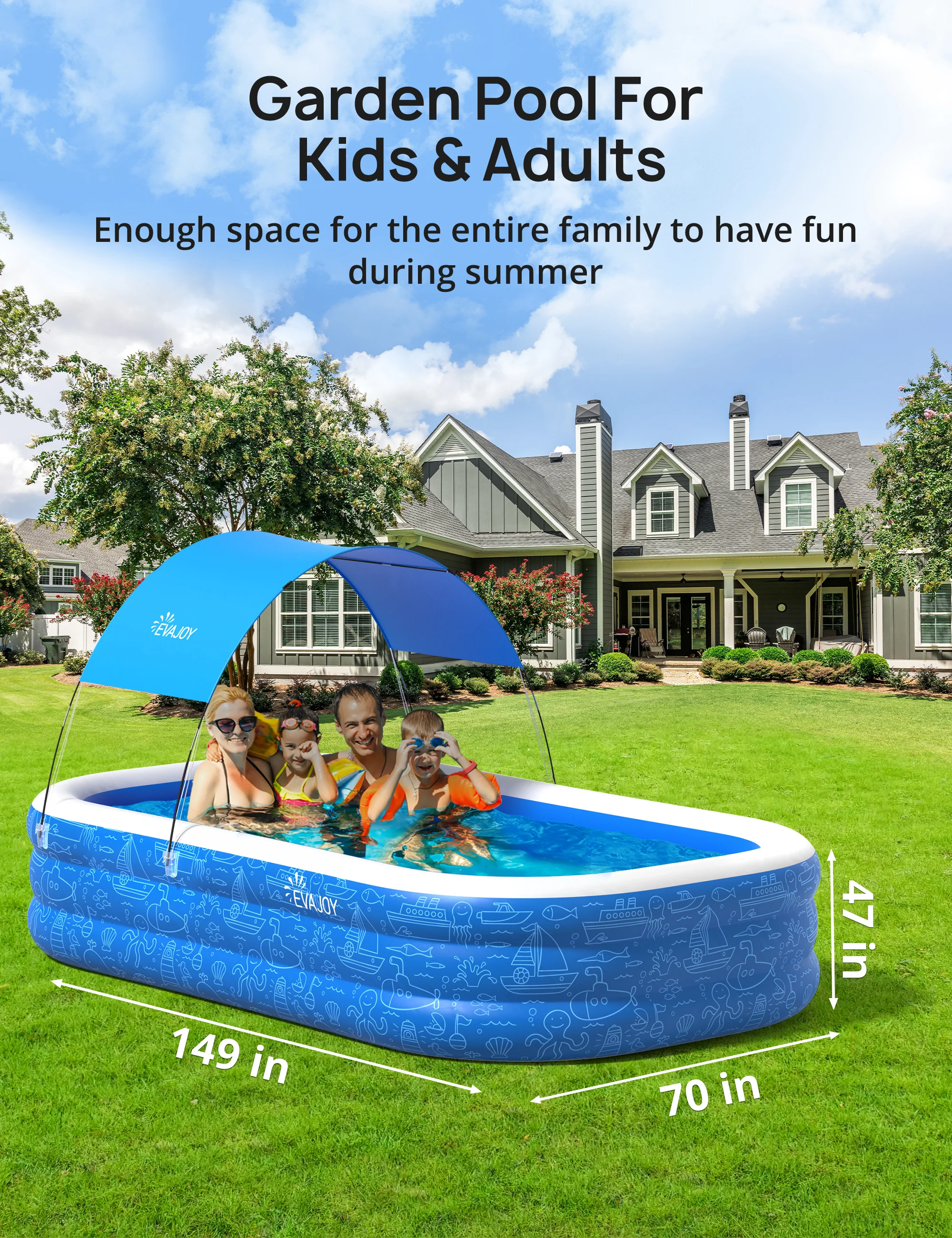 TaoTronics x Evajoy EJ-HF042 Large Inflatable Swimming Pool with Canopy, 150” x 70” x 20” Full-Sized Inflatable Pool - Image 3