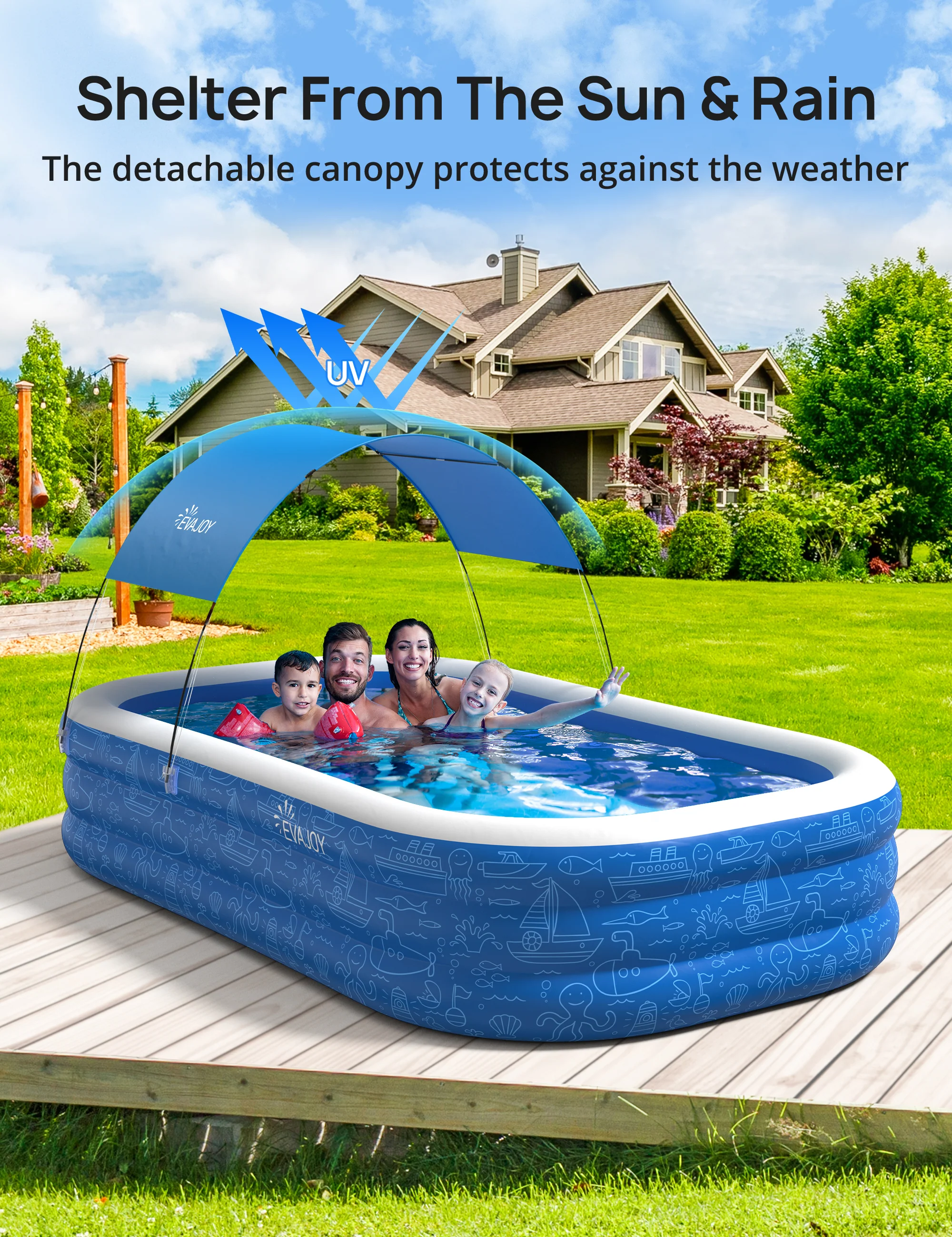 TaoTronics x Evajoy EJ-HF042 Large Inflatable Swimming Pool with Canopy, 150” x 70” x 20” Full-Sized Inflatable Pool - Image 5